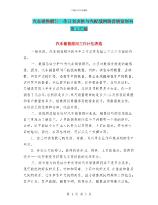 汽车销售顾问工作计划表格与汽配城网络营销策划书范文汇编