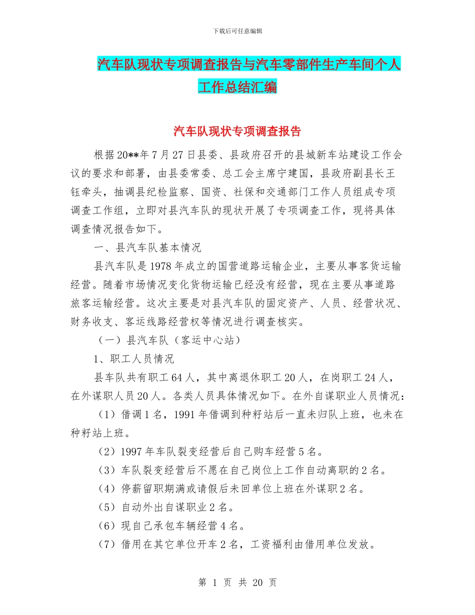 汽车队现状专项调查报告与汽车零部件生产车间个人工作总结汇编_第1页