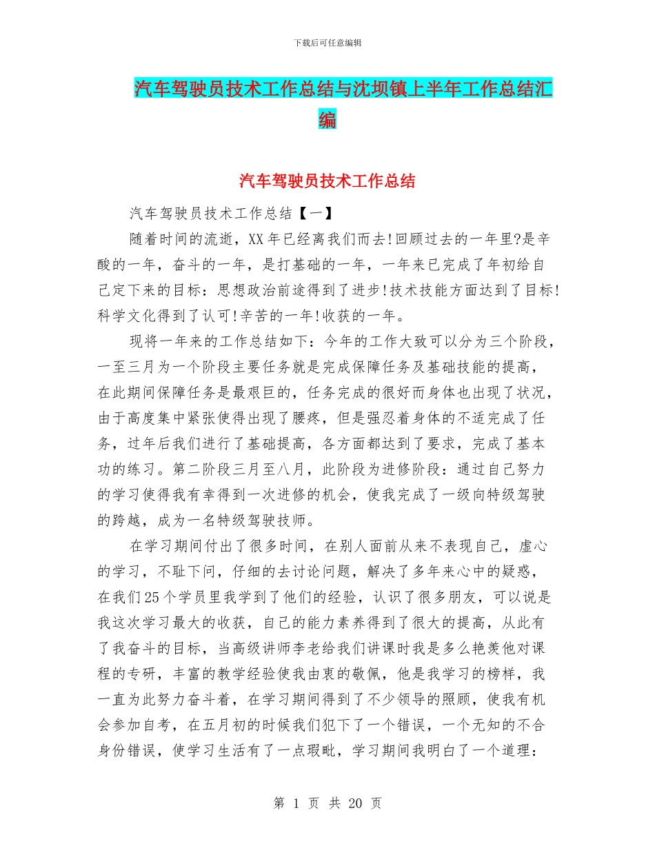 汽车驾驶员技术工作总结与沈坝镇上半年工作总结汇编_第1页