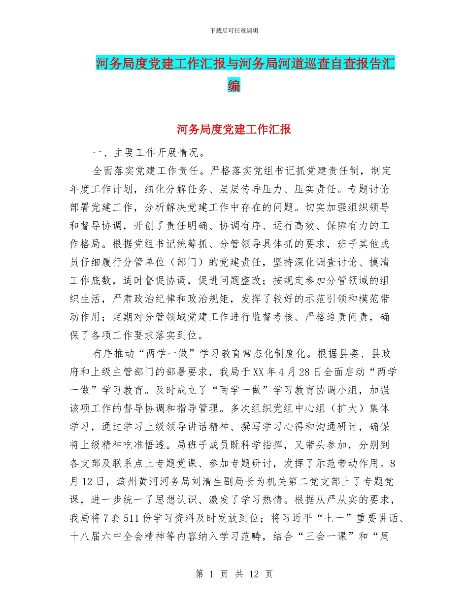 河务局度党建工作汇报与河务局河道巡查自查报告汇编_第1页