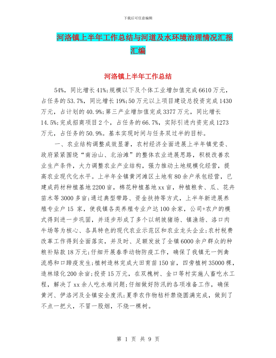 河洛镇上半年工作总结与河道及水环境治理情况汇报汇编_第1页
