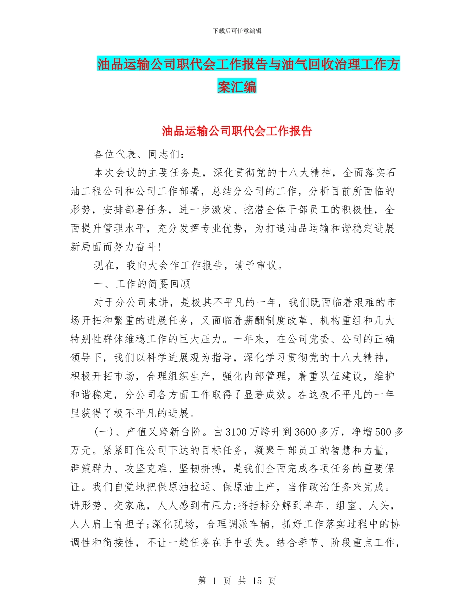 油品运输公司职代会工作报告与油气回收治理工作方案汇编_第1页