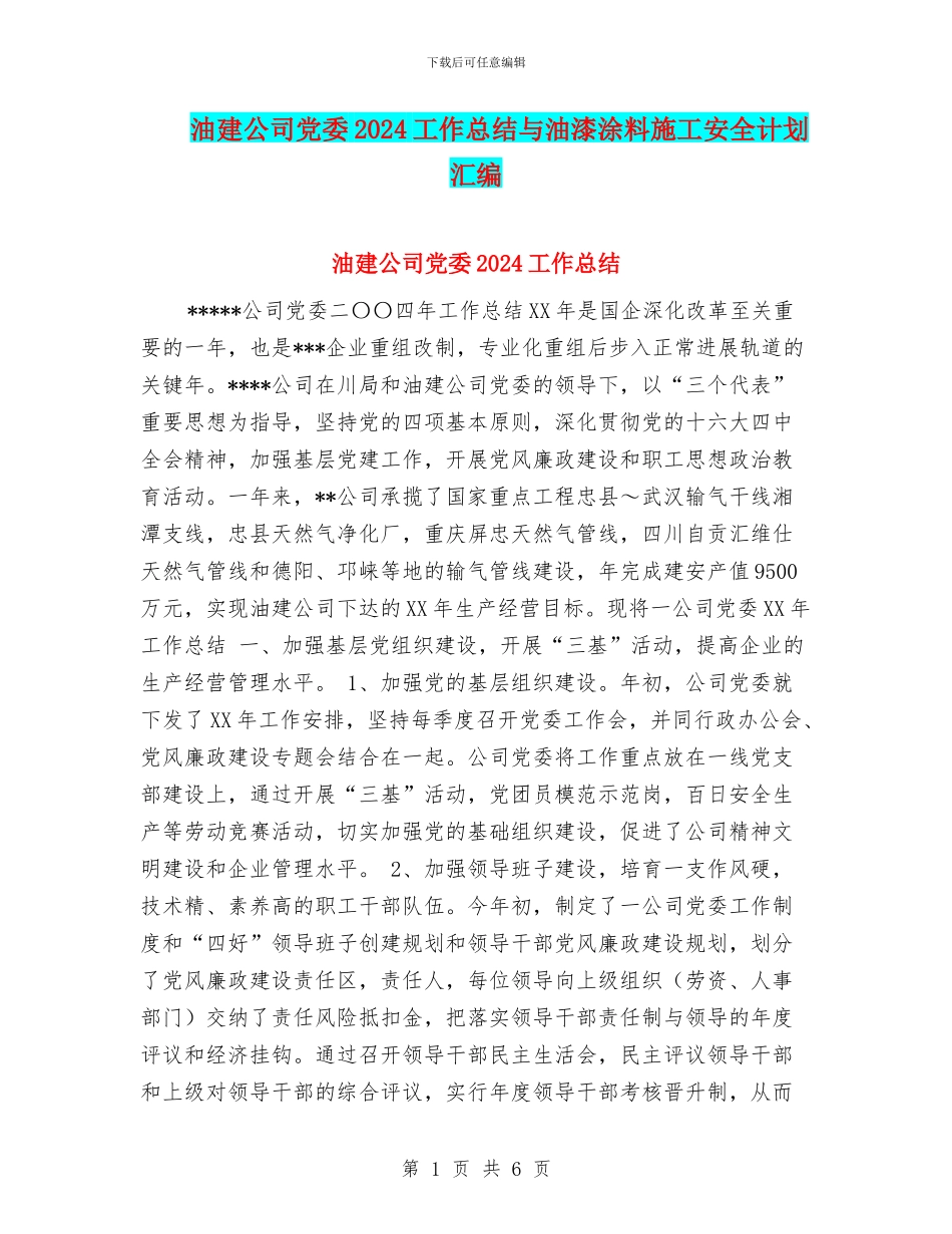 油建公司党委2024工作总结与油漆涂料施工安全计划汇编_第1页