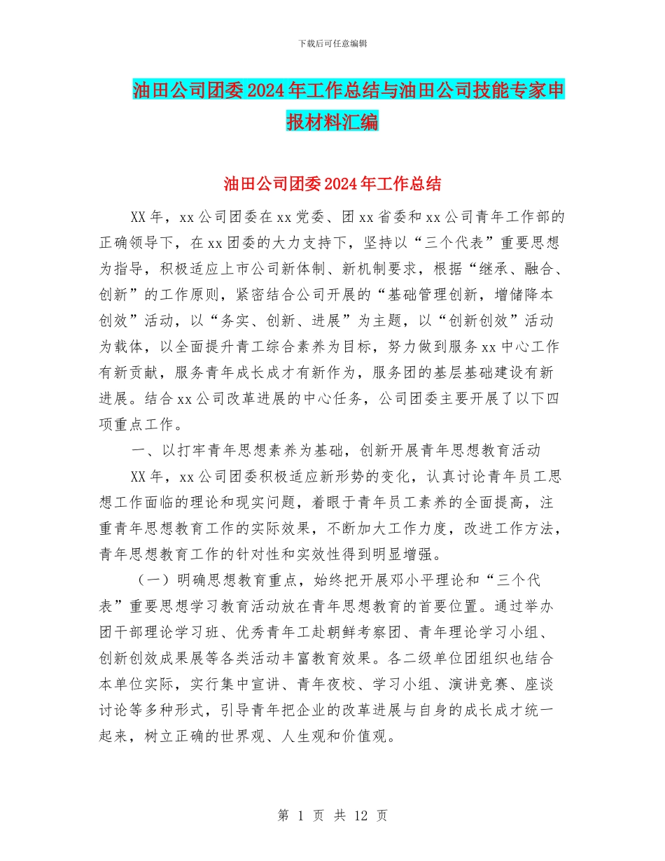 油田公司团委2024年工作总结与油田公司技能专家申报材料汇编_第1页