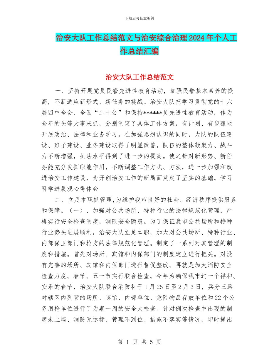 治安大队工作总结范文与治安综合治理2024年个人工作总结汇编_第1页