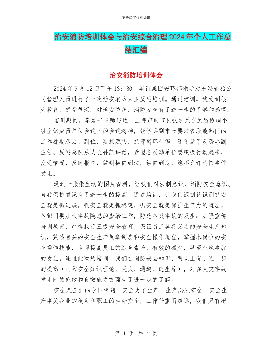 治安消防培训体会与治安综合治理2024年个人工作总结汇编_第1页