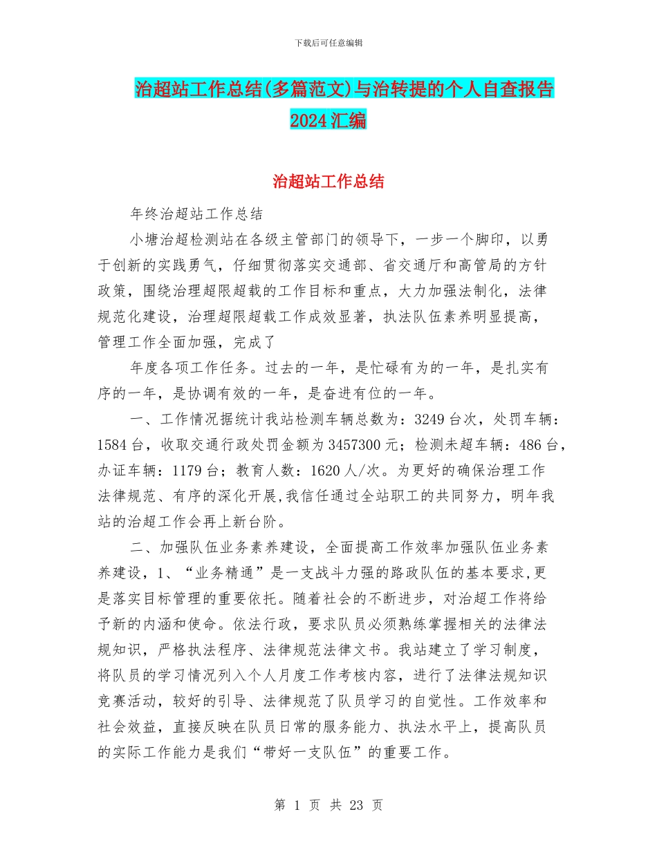治超站工作总结与治转提的个人自查报告2024汇编_第1页