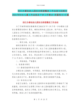 沿江办事处幼儿园安全排查整改工作总结与法制办2024年妇女儿童工作总结及下步工作要点汇编