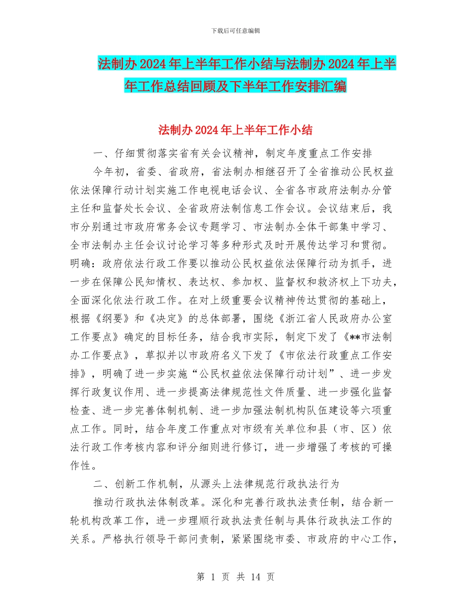 法制办2024年上半年工作小结与法制办2024年上半年工作总结回顾及下半年工作安排汇编_第1页