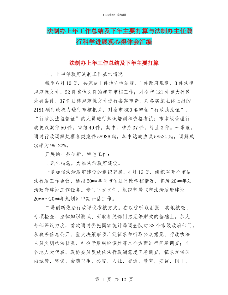 法制办上年工作总结及下年主要打算与法制办主任践行科学发展观心得体会汇编_第1页