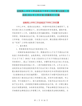 法制局上半年工作总结及下半年工作打算与法制工作总结2024年工作计划汇编