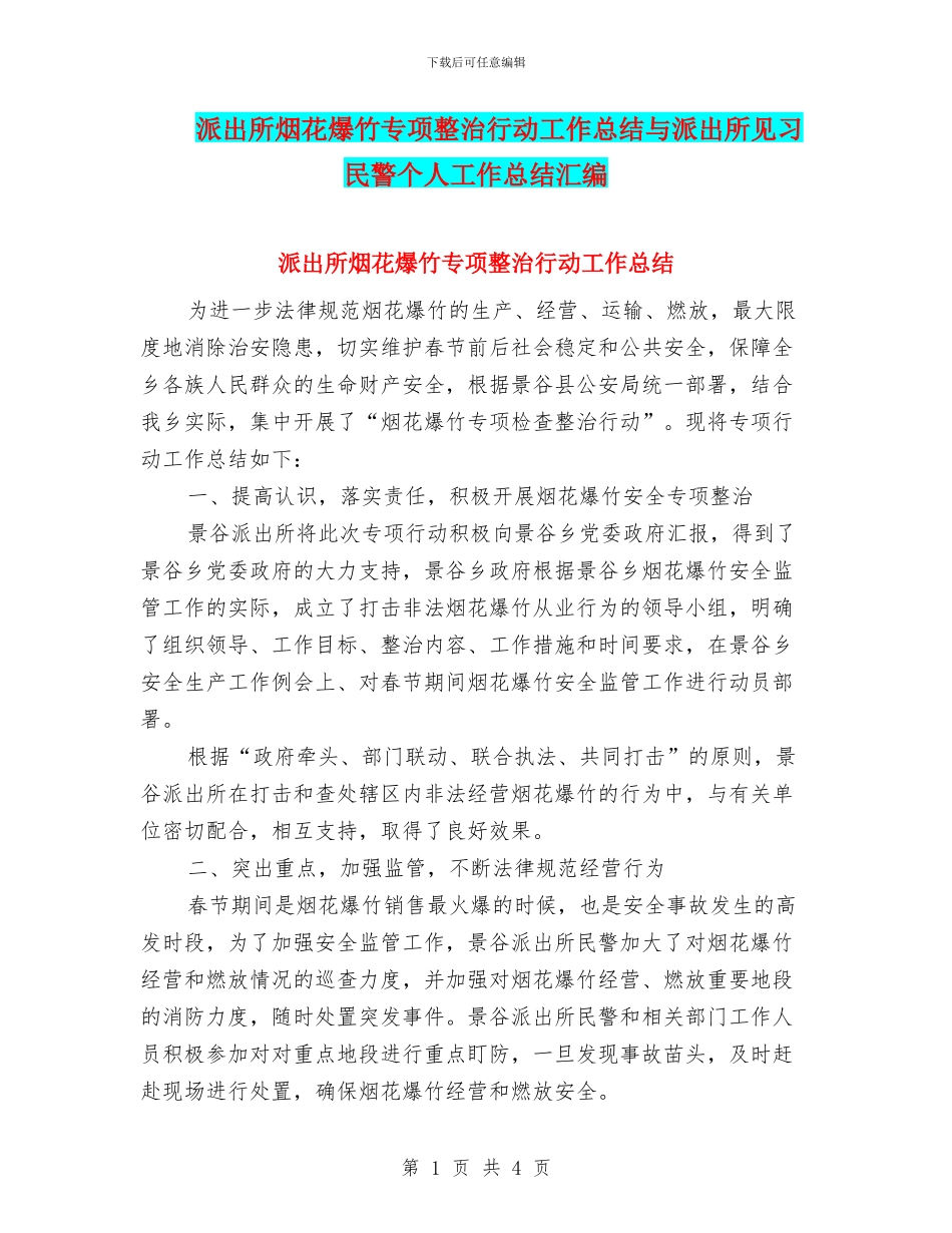 派出所烟花爆竹专项整治行动工作总结与派出所见习民警个人工作总结汇编_第1页
