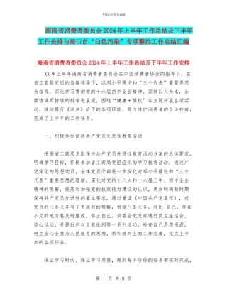 海南省消费者委员会2024年上半年工作总结及下半年工作安排与海口市“白色污染”专项整治工作总结汇编
