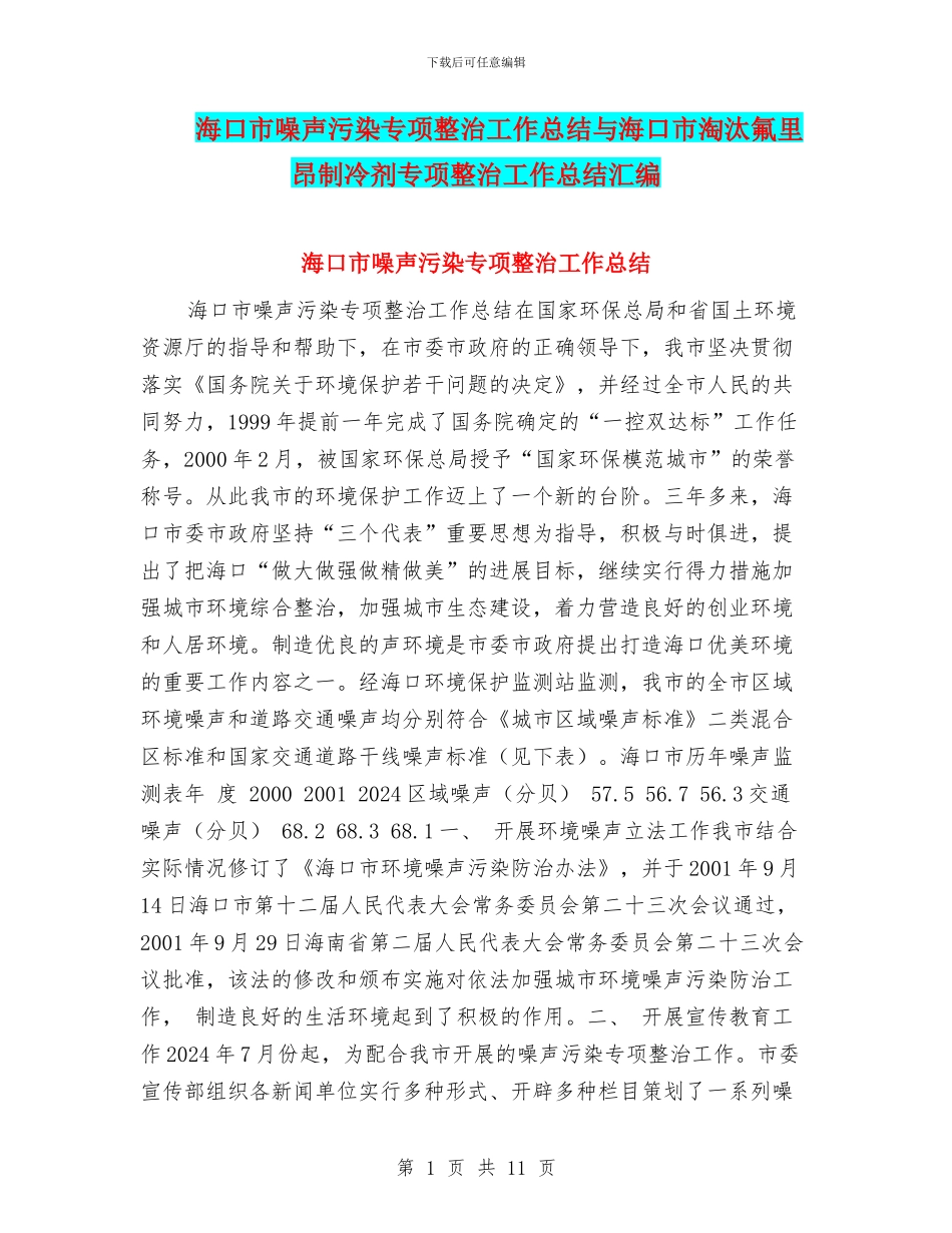 海口市噪声污染专项整治工作总结与海口市淘汰氟里昂制冷剂专项整治工作总结汇编_第1页