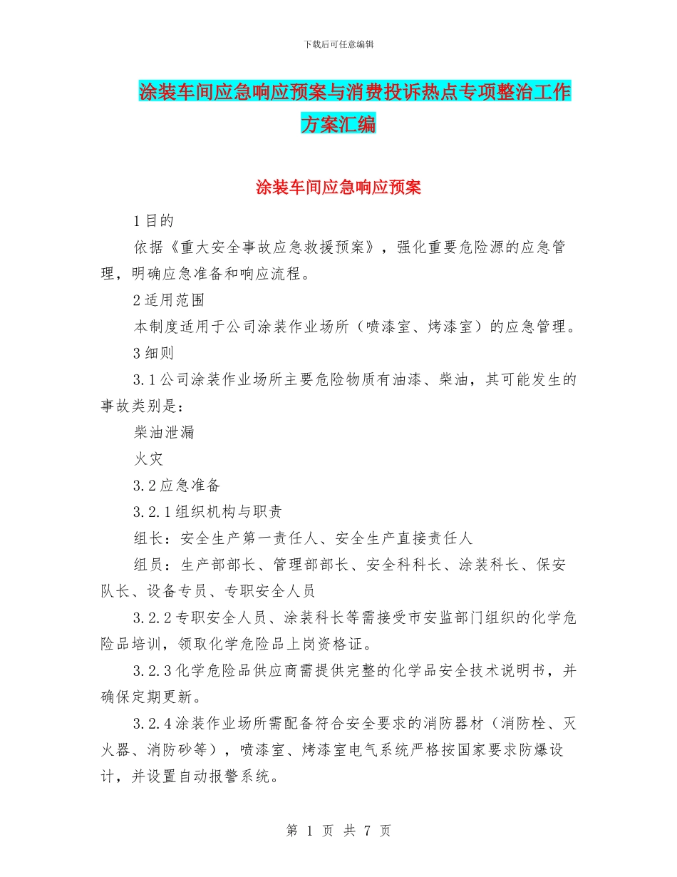 涂装车间应急响应预案与消费投诉热点专项整治工作方案汇编_第1页