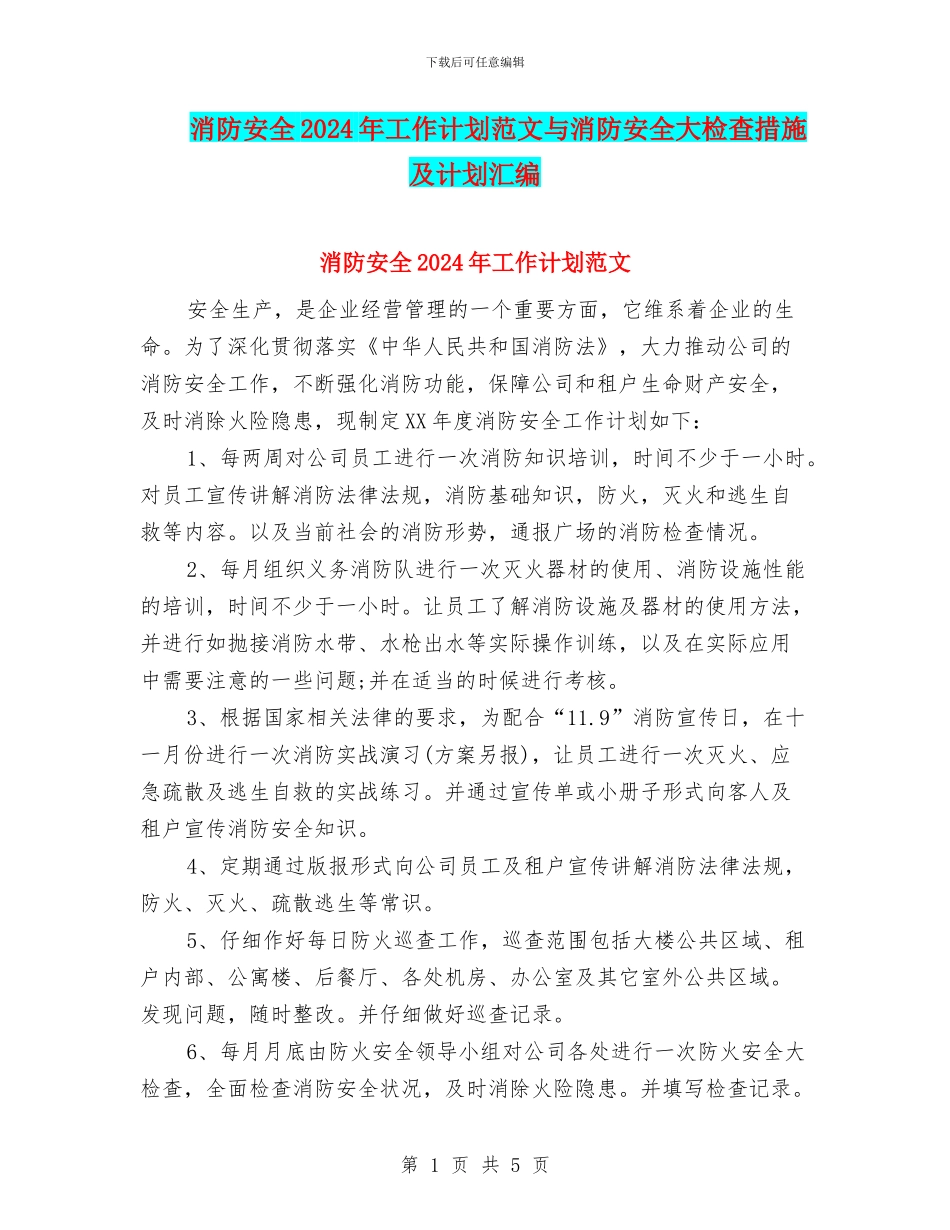 消防安全2024年工作计划范文与消防安全大检查措施及计划汇编_第1页