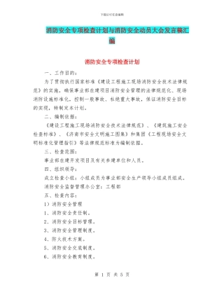 消防安全专项检查计划与消防安全动员大会发言稿汇编
