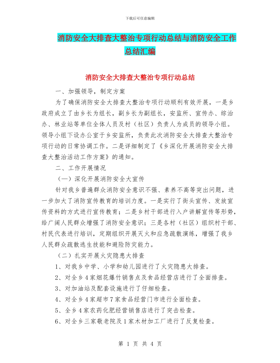 消防安全大排查大整治专项行动总结与消防安全工作总结汇编_第1页