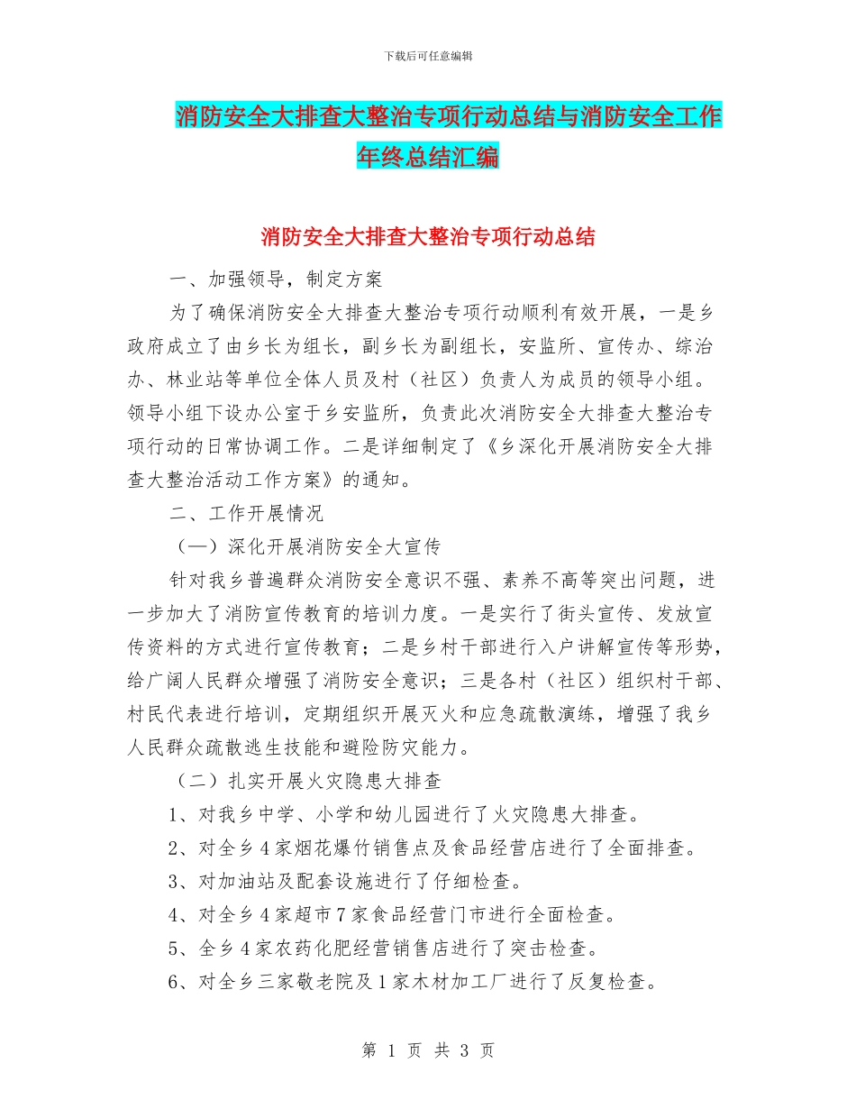 消防安全大排查大整治专项行动总结与消防安全工作年终总结汇编_第1页