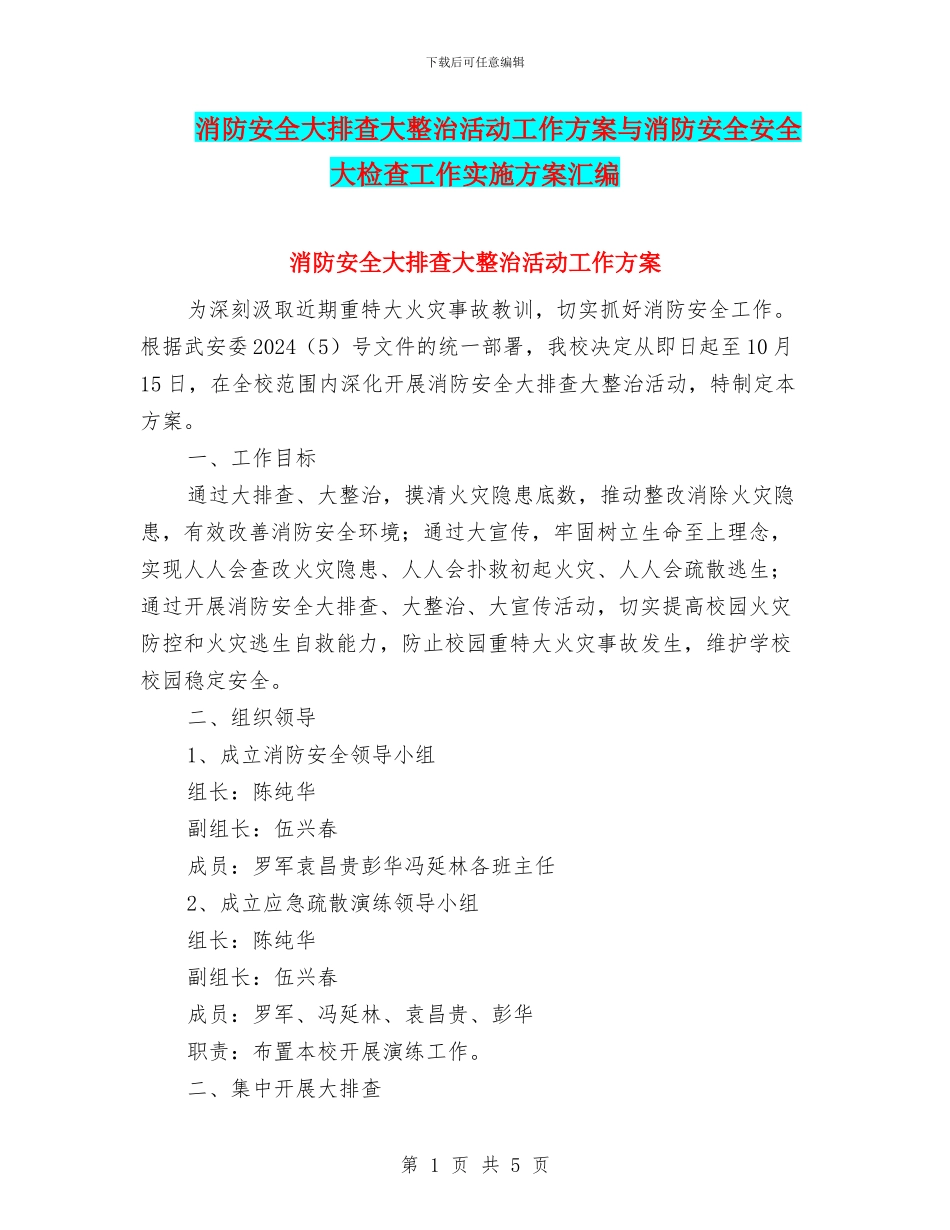 消防安全大排查大整治活动工作方案与消防安全安全大检查工作实施方案汇编_第1页