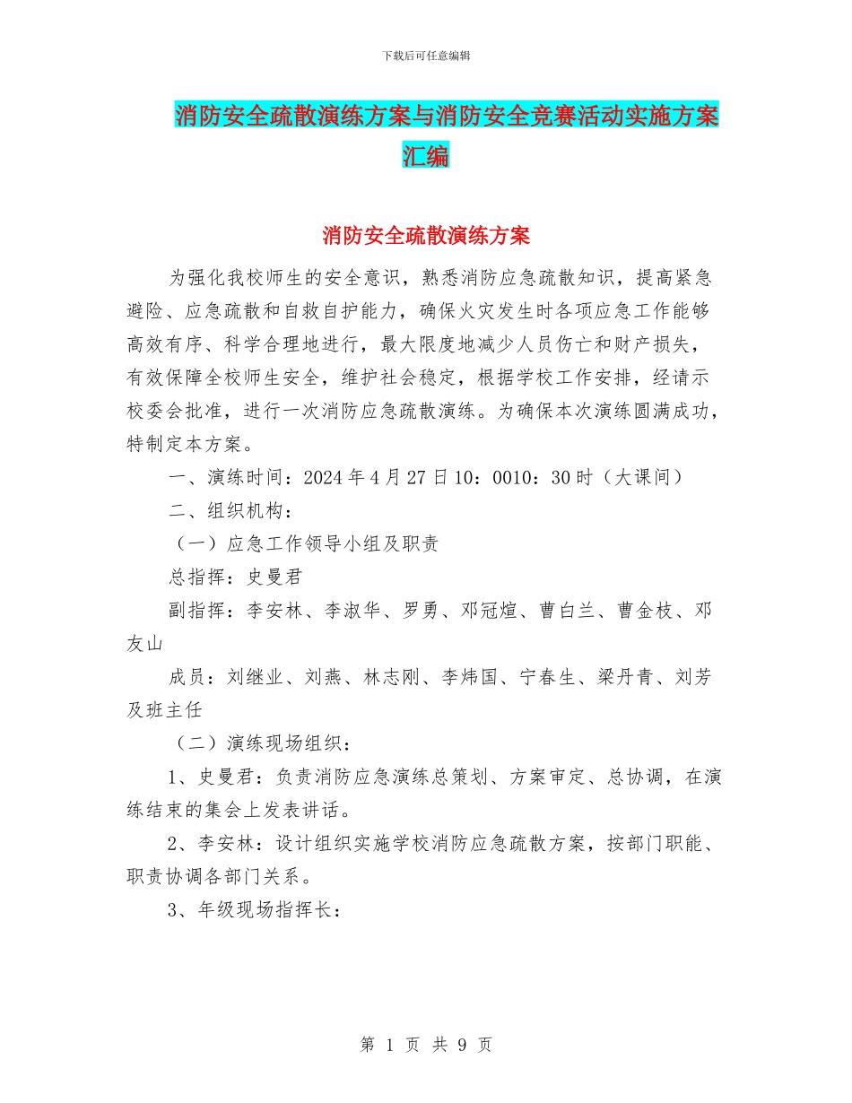 消防安全疏散演练方案与消防安全竞赛活动实施方案汇编_第1页