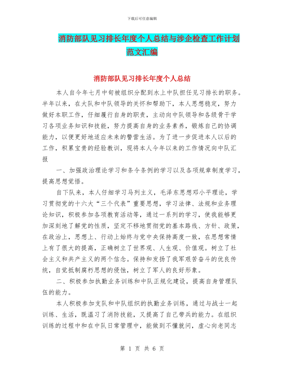 消防部队见习排长年度个人总结与涉企检查工作计划范文汇编_第1页