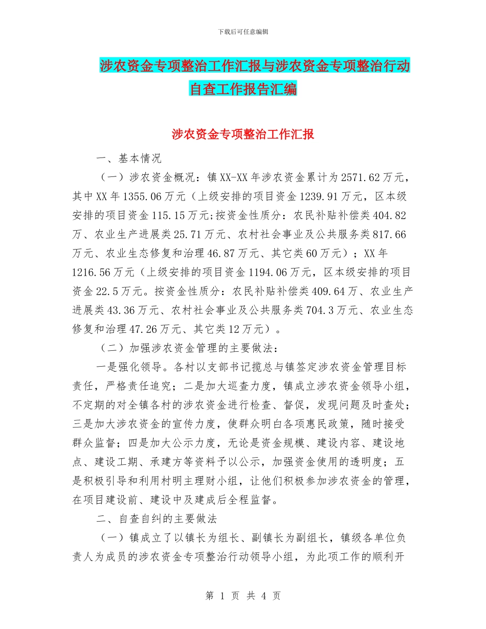 涉农资金专项整治工作汇报与涉农资金专项整治行动自查工作报告汇编_第1页