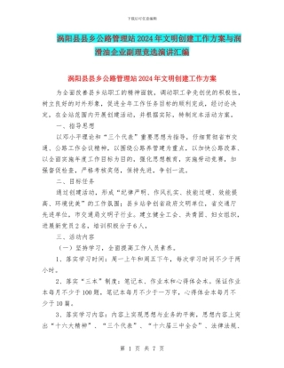 涡阳县县乡公路管理站2024年文明创建工作方案与润滑油企业副理竞选演讲汇编