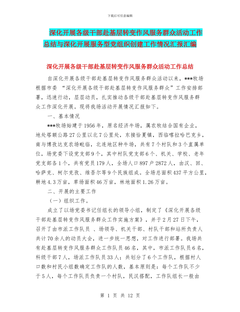 深入开展各级干部赴基层转变作风服务群众活动工作总结与深入开展服务型党组织创建工作情况汇报汇编_第1页