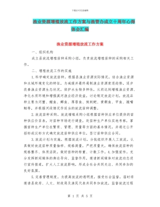 渔业资源增殖放流工作方案与渔管办成立十周年心得体会汇编