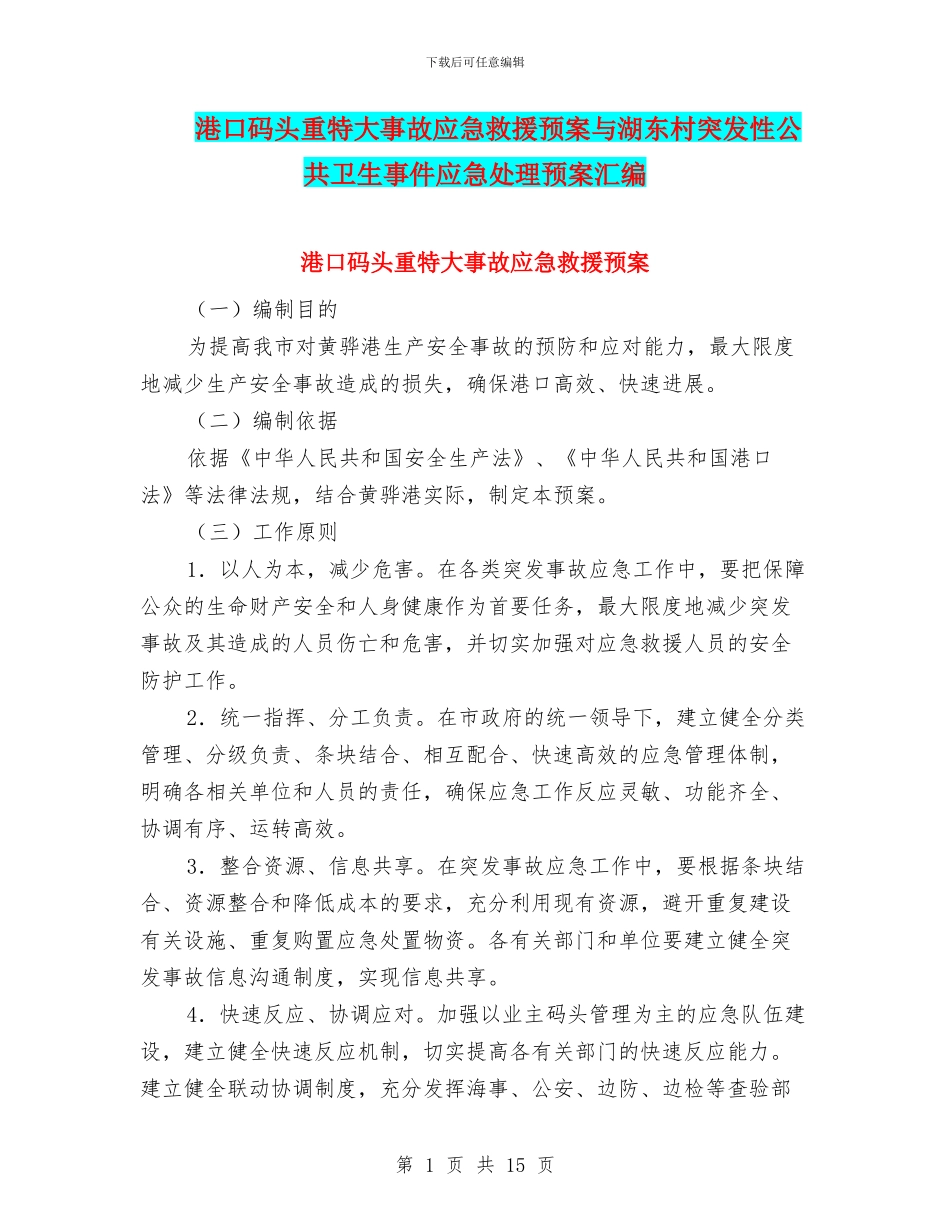 港口码头重特大事故应急救援预案与湖东村突发性公共卫生事件应急处理预案汇编_第1页