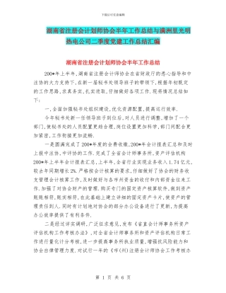 湖南省注册会计划师协会半年工作总结与满洲里光明热电公司二季度党建工作总结汇编