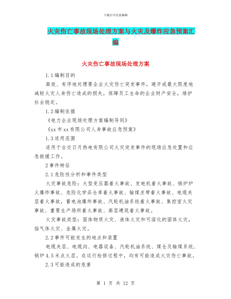 火灾伤亡事故现场处理方案与火灾及爆炸应急预案汇编_第1页
