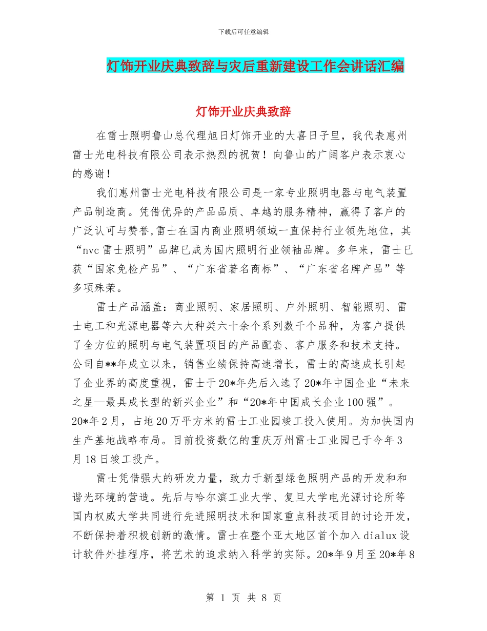 灯饰开业庆典致辞与灾后重新建设工作会讲话汇编_第1页