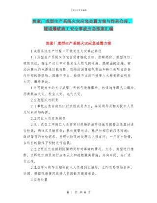 炭素厂成型生产系统火灾应急处置方案与炸药仓库、隧道爆破施工安全事故应急预案汇编
