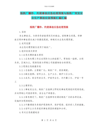 炼铁厂爆炸、灼烫事故应急处理预案与炼铁厂突发安全生产事故应急预案汇编汇编