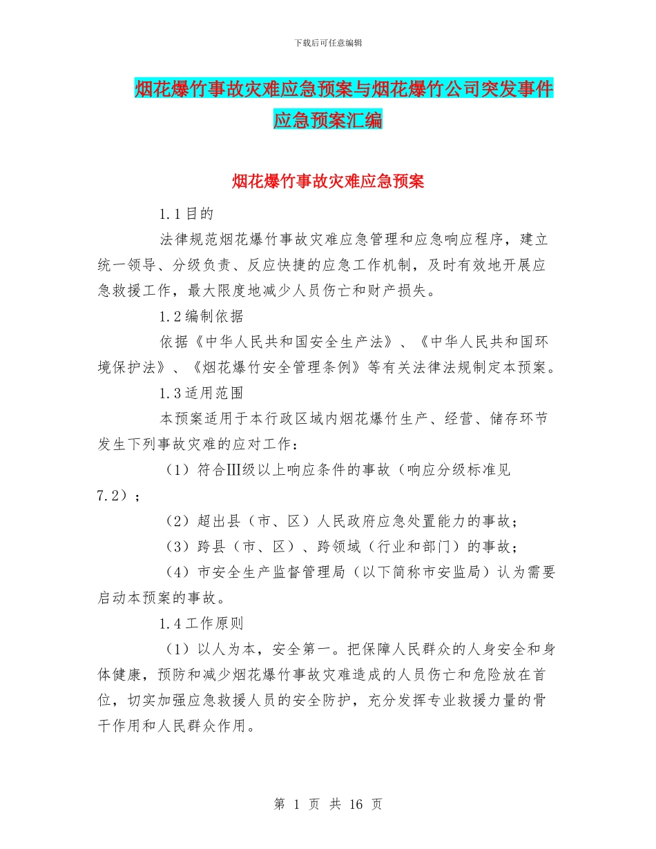 烟花爆竹事故灾难应急预案与烟花爆竹公司突发事件应急预案汇编_第1页