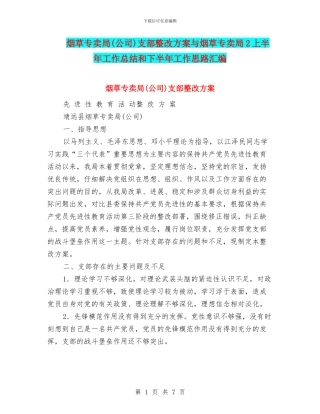 烟草专卖局支部整改方案与烟草专卖局2上半年工作总结和下半年工作思路汇编