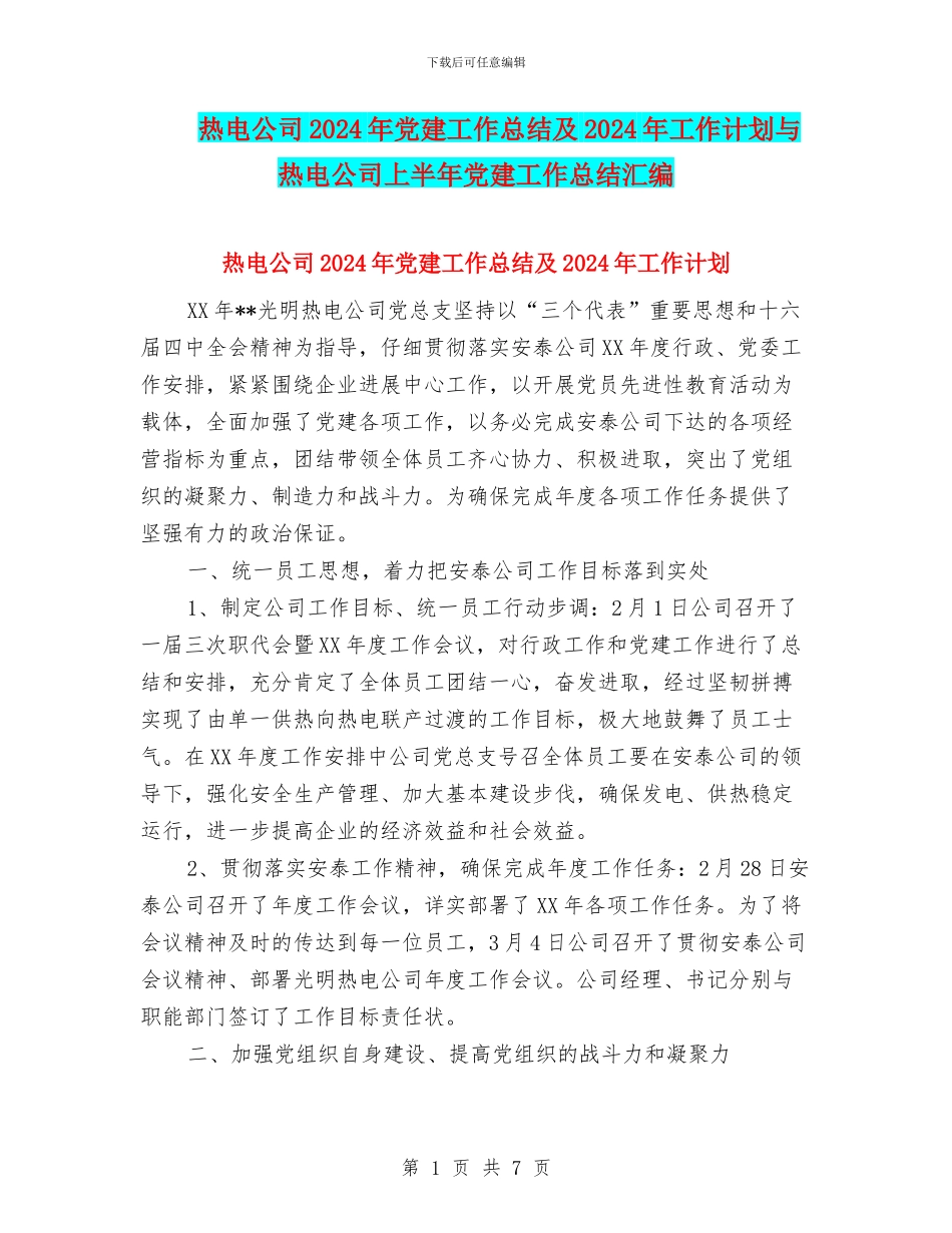 热电公司2024年党建工作总结及2024年工作计划与热电公司上半年党建工作总结汇编_第1页
