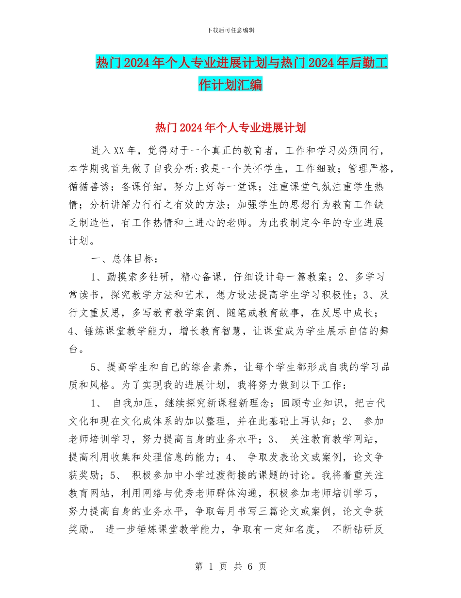 热门2024年个人专业发展计划与热门2024年后勤工作计划汇编_第1页