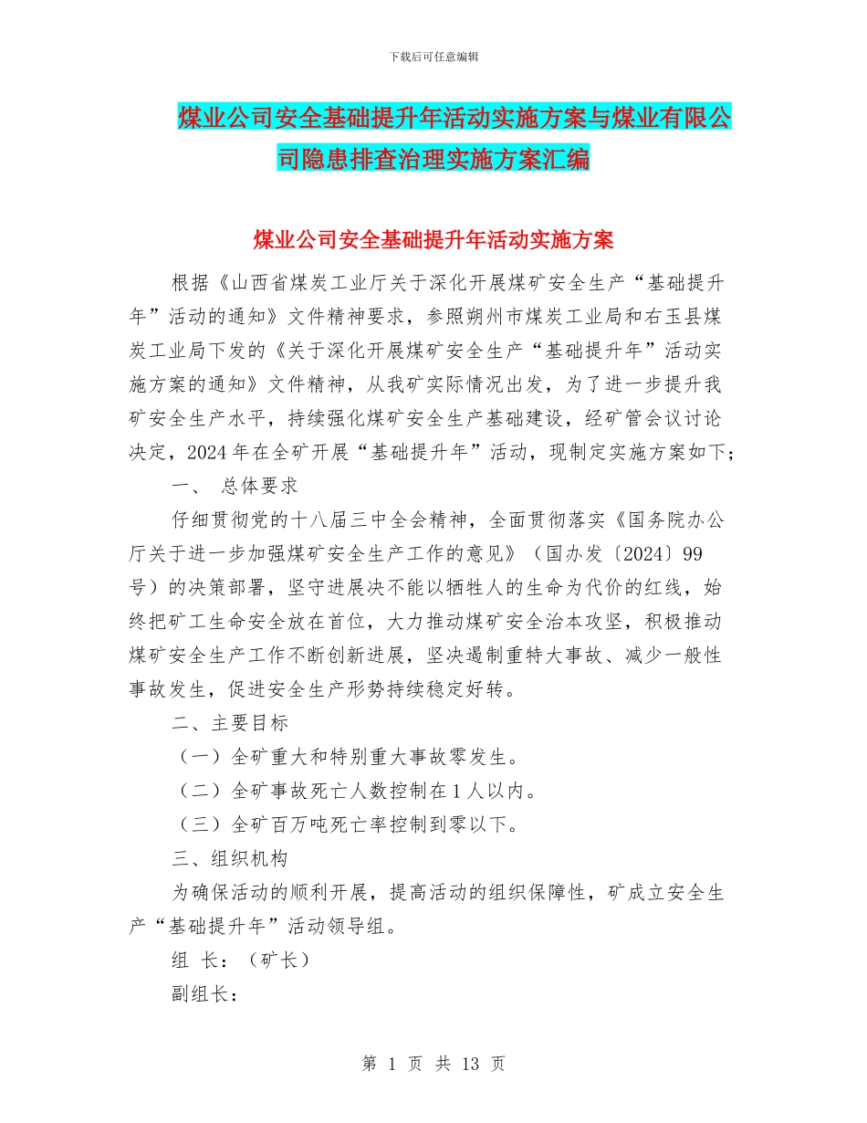 煤业公司安全基础提升年活动实施方案与煤业有限公司隐患排查治理实施方案汇编_第1页