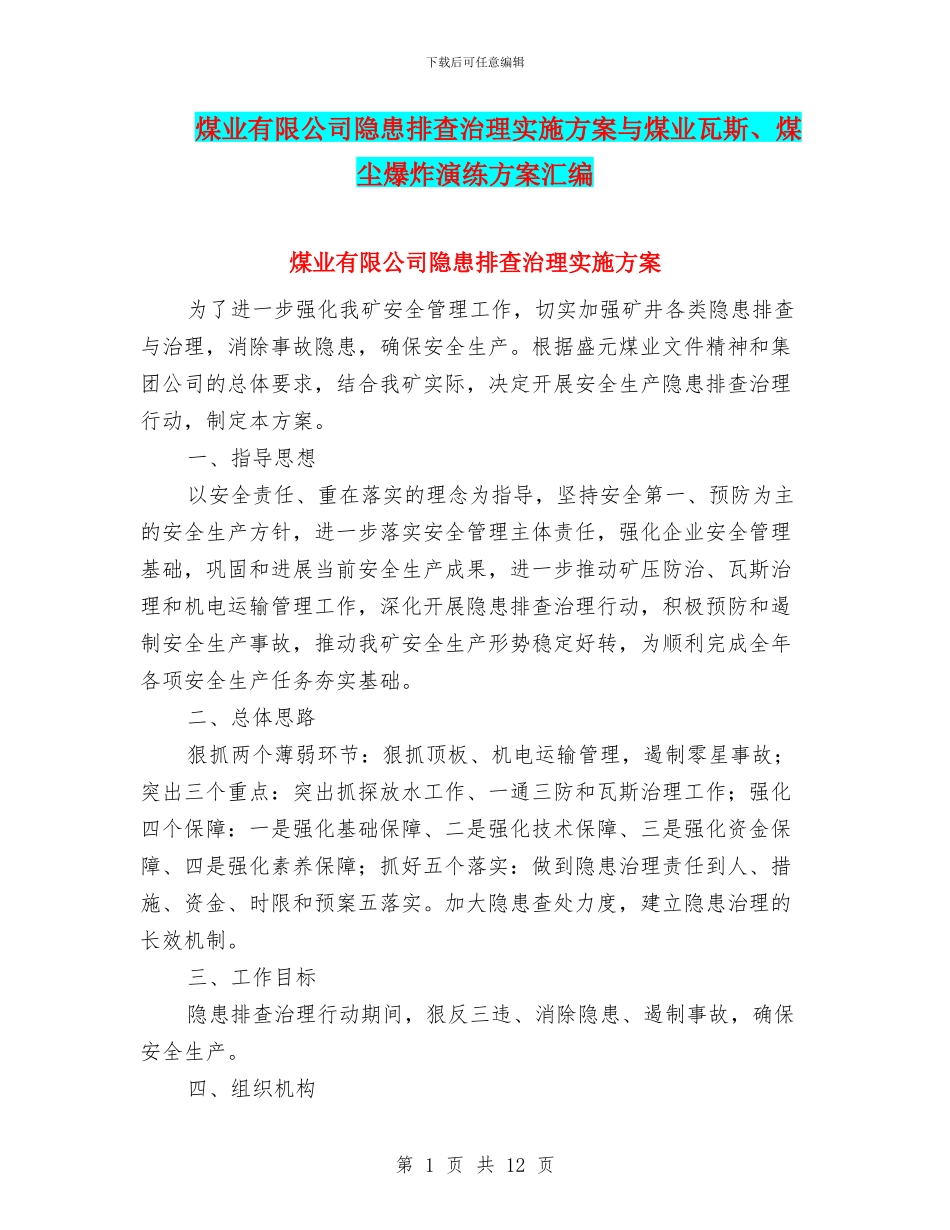 煤业有限公司隐患排查治理实施方案与煤业瓦斯、煤尘爆炸演练方案汇编_第1页