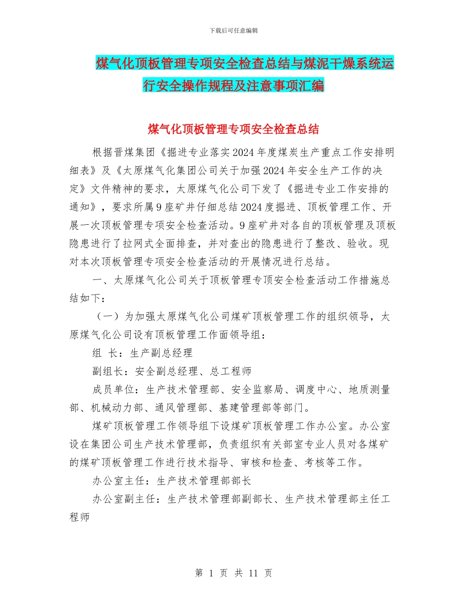 煤气化顶板管理专项安全检查总结与煤泥干燥系统运行安全操作规程及注意事项汇编_第1页
