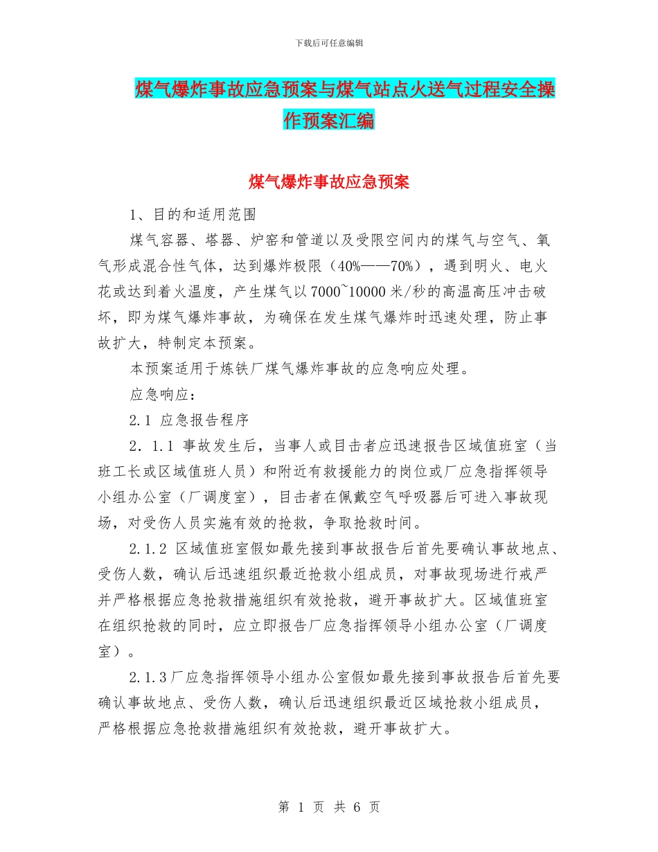 煤气爆炸事故应急预案与煤气站点火送气过程安全操作预案汇编_第1页