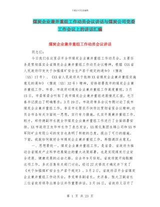 煤炭企业兼并重组工作动员会议讲话与煤炭公司党委工作会议上的讲话汇编