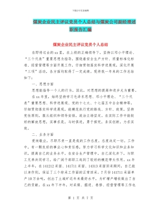 煤炭企业民主评议党员个人总结与煤炭公司副经理述职报告汇编