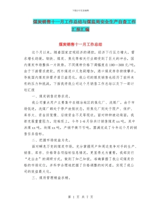 煤炭销售十一月工作总结与煤监局安全生产自查工作汇报汇编