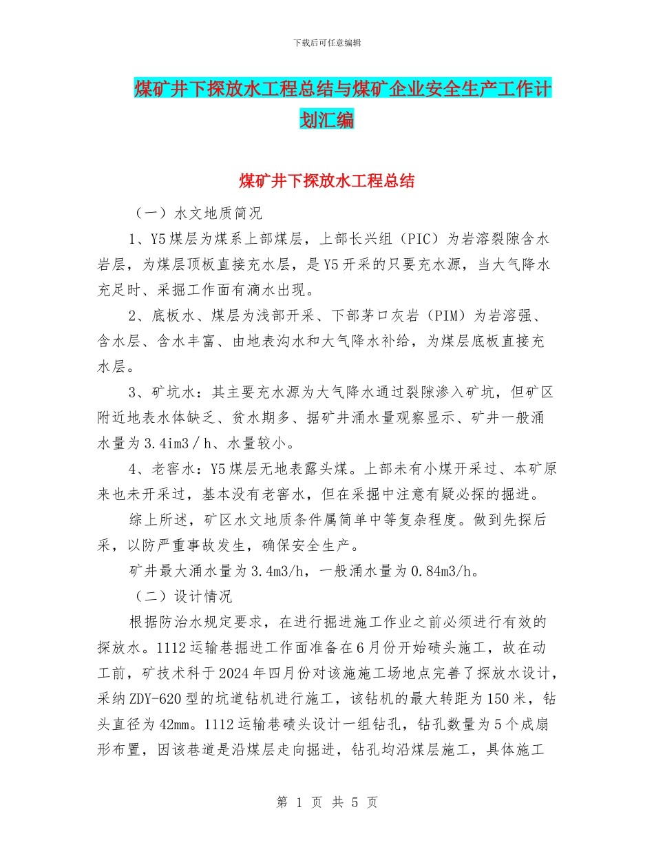 煤矿井下探放水工程总结与煤矿企业安全生产工作计划汇编_第1页