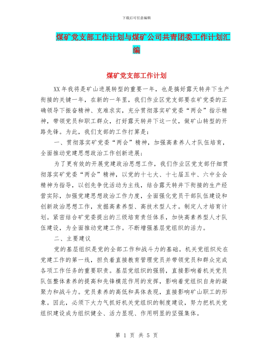 煤矿党支部工作计划与煤矿公司共青团委工作计划汇编_第1页