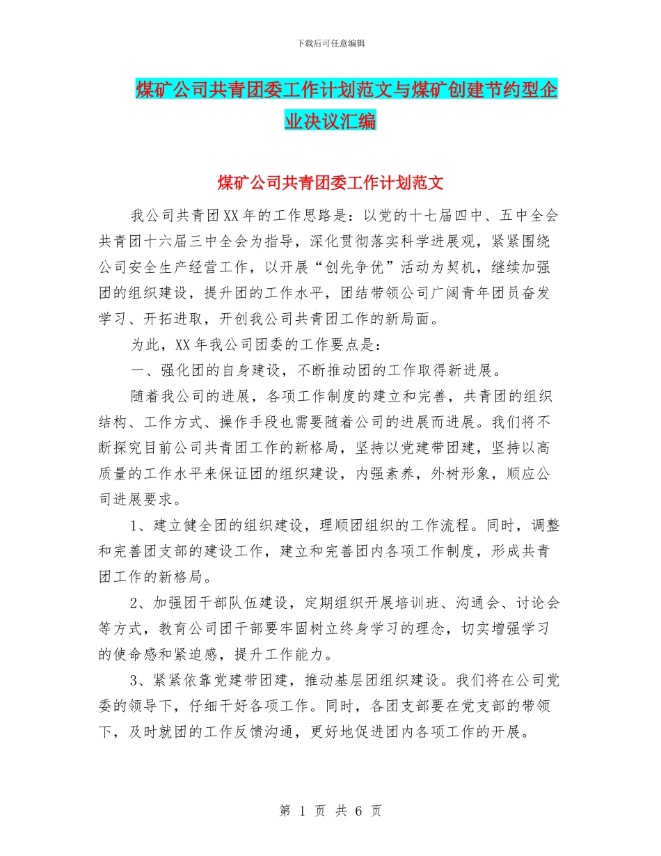 煤矿公司共青团委工作计划范文与煤矿创建节约型企业决议汇编_第1页